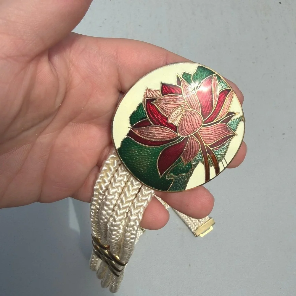 Vintage 80's Yen China House Multi-Strand Stretch Rope Belt Red Lotus Flower